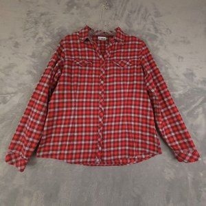 Columbia Womens Shirt Flannel Plaid‎ Pocket Button Up Long Sleeve Collar Red L